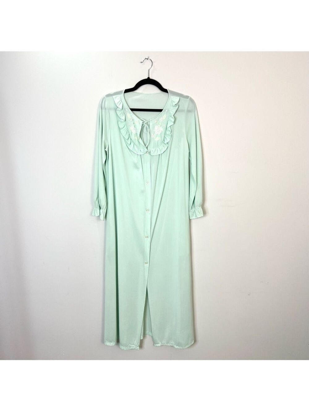 Vintage Mint Green Ruffle Embroidered Button Front Maxi Robe - Picture 7 of 13